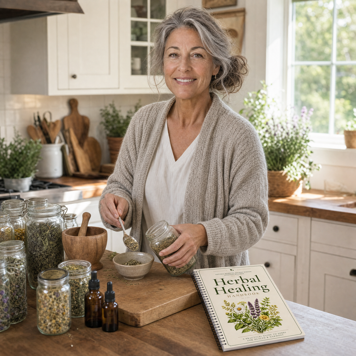 Herbal healing handbook on a kitchen table
