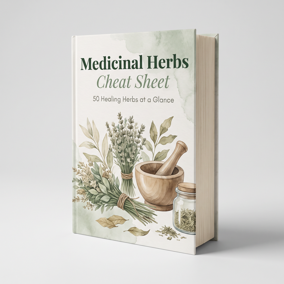 A hardcover book titled 'Medicinal Herbs Cheat Sheet' with an illustrated cover featuring herbs, a mortar and pestle, and a small glass jar, shown on a light gray background.